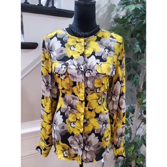WHO WHAT WEAR Womens Yellow Floral Polyester Round Neck Long Sleeve Top Blouse L - Picture 1 of 11